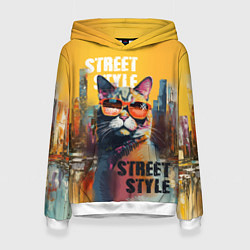 Толстовка-худи женская Кот в городе - street style, цвет: 3D-белый