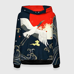 Толстовка-худи женская Кимоно с японскими журавлями, цвет: 3D-черный