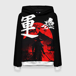 Толстовка-худи женская Японский самурай и красная луна, цвет: 3D-белый