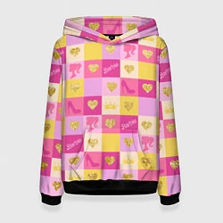 Толстовка-худи женская Барби: желтые и розовые квадраты паттерн, цвет: 3D-черный
