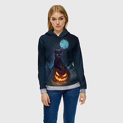 Толстовка-худи женская Кот с тыквой - хэллоуин, цвет: 3D-меланж — фото 2