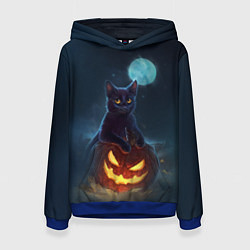 Толстовка-худи женская Кот с тыквой - хэллоуин, цвет: 3D-синий