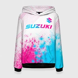 Толстовка-худи женская Suzuki neon gradient style: символ сверху, цвет: 3D-черный