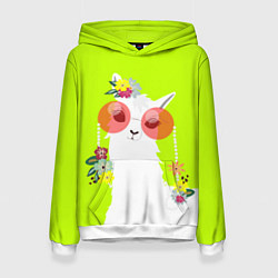 Толстовка-худи женская Лама - альпака в розовых очках, цвет: 3D-белый