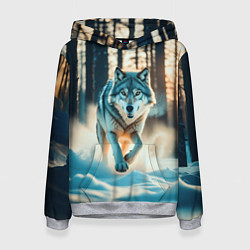 Толстовка-худи женская Волк в темном лесу, цвет: 3D-меланж