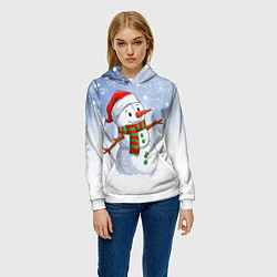 Толстовка-худи женская Весёлый снеговик в колпаке, цвет: 3D-белый — фото 2