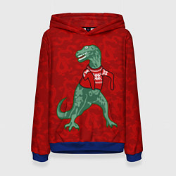 Толстовка-худи женская Динозавр в свитере - новогодние драконы, цвет: 3D-синий