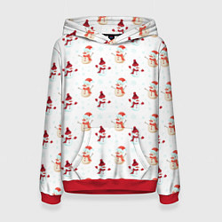 Толстовка-худи женская Снеговики и снежинки, цвет: 3D-красный