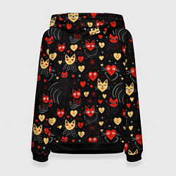 Толстовка-худи женская Паттерн с сердечками и котами валентинка, цвет: 3D-черный