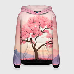 Толстовка-худи женская Вишневое дерево в полном цвету, цвет: 3D-черный