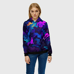 Толстовка-худи женская Яркие кислотная разноцветные пятна в виде камуфляж, цвет: 3D-черный — фото 2