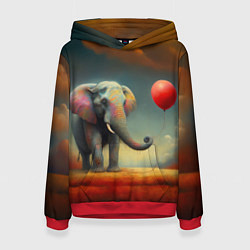Толстовка-худи женская Грустный слон и красный шарик, цвет: 3D-красный