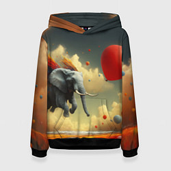Толстовка-худи женская Сюрреалистичный слон летит за шариком, цвет: 3D-черный
