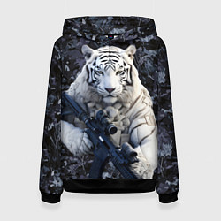 Толстовка-худи женская Белый тигр солдат, цвет: 3D-черный