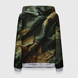 Толстовка-худи женская Реалистичный охотничий камуфляж из ткани и листьев, цвет: 3D-меланж