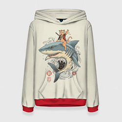 Толстовка-худи женская Кот якудза верхом на акуле, цвет: 3D-красный