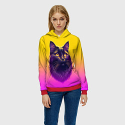 Толстовка-худи женская Кот чёрный с золотыми глазами, цвет: 3D-красный — фото 2