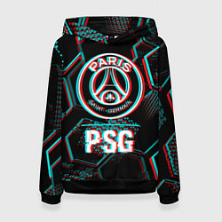 Толстовка-худи женская PSG FC в стиле glitch на темном фоне, цвет: 3D-черный