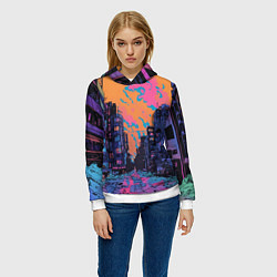 Толстовка-худи женская Киберпанк город в стиле комиксов, цвет: 3D-белый — фото 2