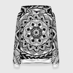 Толстовка-худи женская Мандала зенарт чёрно-белая, цвет: 3D-белый
