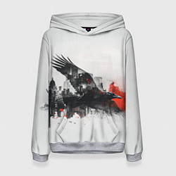 Толстовка-худи женская Летающий ворон и город, цвет: 3D-меланж
