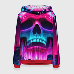 Толстовка-худи женская Pixel skull blast brain - cyber city ai art, цвет: 3D-красный