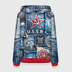 Толстовка-худи женская Печворк джинсы СССР, цвет: 3D-красный