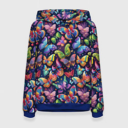 Толстовка-худи женская Бабочки в паттерне разноцветный яркий фон, цвет: 3D-синий