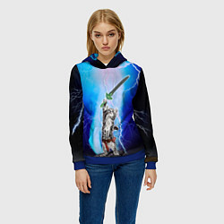 Толстовка-худи женская Кот-рыцарь с мечом экскалибур под молниями, цвет: 3D-синий — фото 2