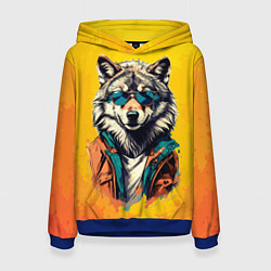 Толстовка-худи женская Стильный волк в солнечных очках, цвет: 3D-синий