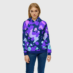Толстовка-худи женская Паттерн с розовыми фиолетовыми и голубыми пятнами, цвет: 3D-синий — фото 2