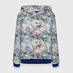 Толстовка-худи женская Цветы и бабочки летний паттерн, цвет: 3D-синий