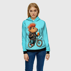 Толстовка-худи женская Капибара байкер с ирокезом и пивом, цвет: 3D-черный — фото 2