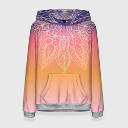 Толстовка-худи женская Сине-оранжевый градиент с узором мандала, цвет: 3D-меланж
