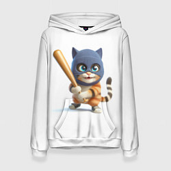 Толстовка-худи женская Прикольный котёнок с бейсбольной битой и в балакла, цвет: 3D-белый