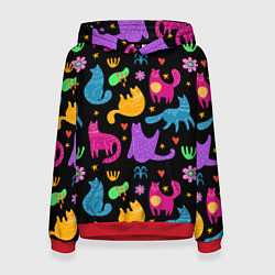 Толстовка-худи женская Паттерн разноцветных котиков, цвет: 3D-красный