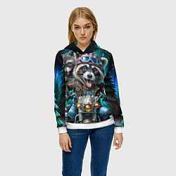 Толстовка-худи женская Модный енот байкер на мотоцикле, цвет: 3D-белый — фото 2