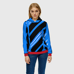Толстовка-худи женская Black and white stripes on a blue background, цвет: 3D-красный — фото 2
