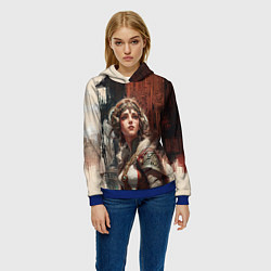 Толстовка-худи женская Девушка на фоне футуристичного города, цвет: 3D-синий — фото 2