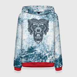 Толстовка-худи женская Серо-синий волк на абстрактном фоне, цвет: 3D-красный