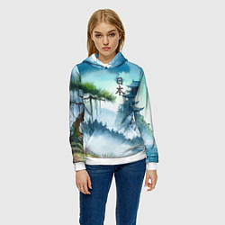 Толстовка-худи женская Японский пейзаж - акварель живопись, цвет: 3D-белый — фото 2