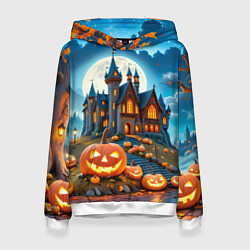 Толстовка-худи женская Ночь Хэллоуина тыквы и замок, цвет: 3D-белый