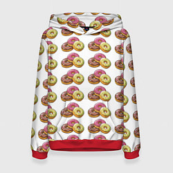 Толстовка-худи женская Пончики-фастфуд паттерн, цвет: 3D-красный