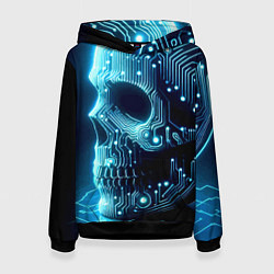 Толстовка-худи женская Cyber neon skull - ai art с дорожками на плате, цвет: 3D-черный