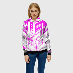 Толстовка-худи женская Агрессивные розовые полосы на белом фоне, цвет: 3D-черный — фото 2
