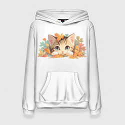 Толстовка-худи женская Котёнок в листьях, цвет: 3D-белый