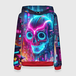 Толстовка-худи женская Neon skull in metropolis - future, цвет: 3D-красный