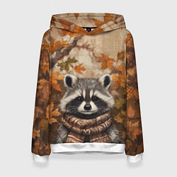 Толстовка-худи женская Осенний енот в шарфе, цвет: 3D-белый