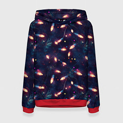 Толстовка-худи женская Паттерн новогодняя гирлянда, цвет: 3D-красный
