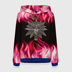 Толстовка-худи женская Ведьмак медальён в огне, цвет: 3D-синий